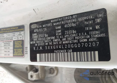 2016 Kia Optima Sxl Turbo из США, поврежденный, VIN 5XXGV4L20GG070207